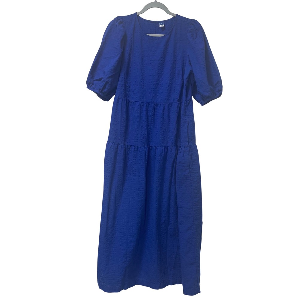 Old Navy Womens Royal Blue Seersucker Tiered Puff Sleeve Midi Dress‎ M Tall